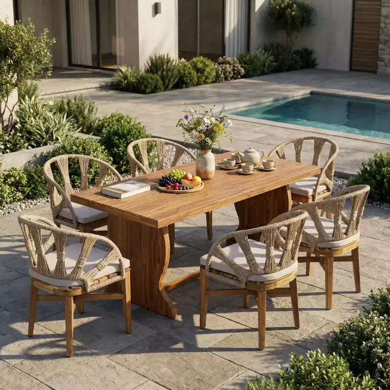 Christopher Knight Home Hendry Set da pranzo bohémien da 7 pezzi in legno di acacia e vimini per esterni con tavolo a doghe