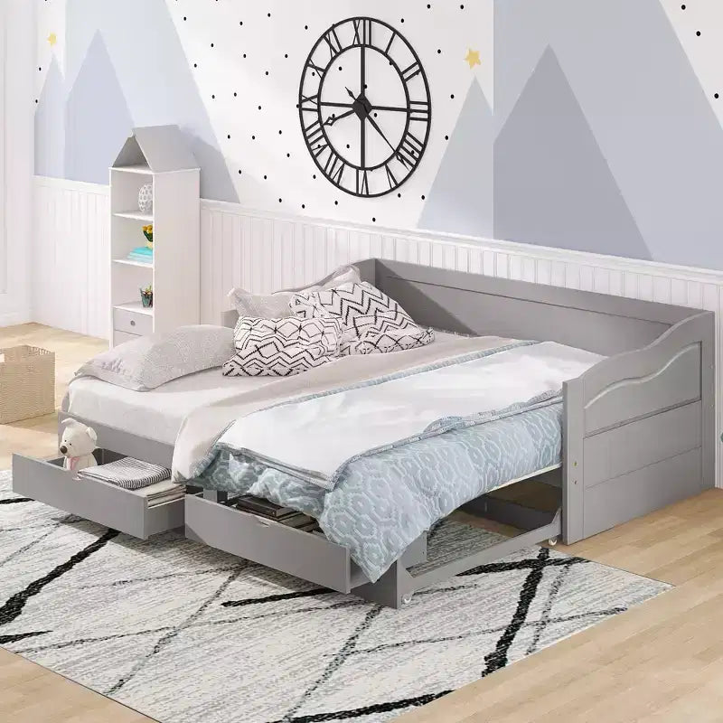FAMYYT Letto a giorno in legno per ragazzi, dimensioni doppie, con 2 cassetti, estendibile, facile da montare, grigio