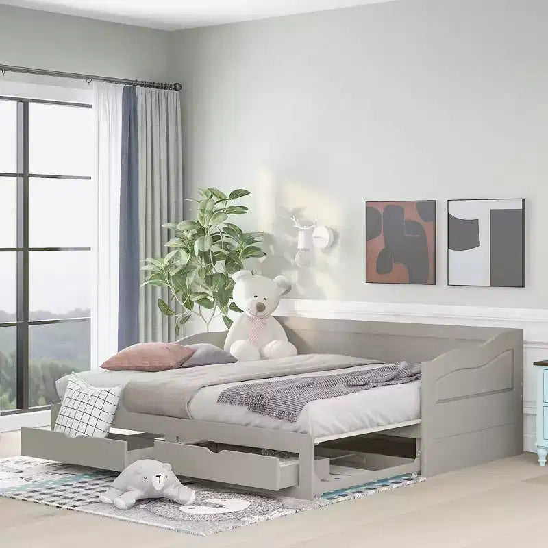 FAMYYT Letto a giorno in legno per ragazzi, dimensioni doppie, con 2 cassetti, estendibile, facile da montare, grigio