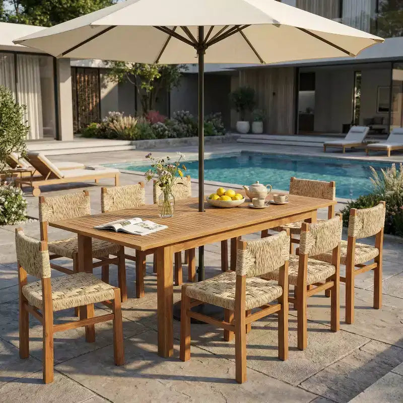 Christopher Knight Home Fineas Set da Pranzo da Esterno Bohemien a 9 Pezzi in Legno di Acacia con Tavolo Espandibile a Doghe e Design in Vimini