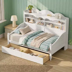 Twin Daybed with Storage Drawers and Headboard Shelves, Wooden Day Bed Frame, White