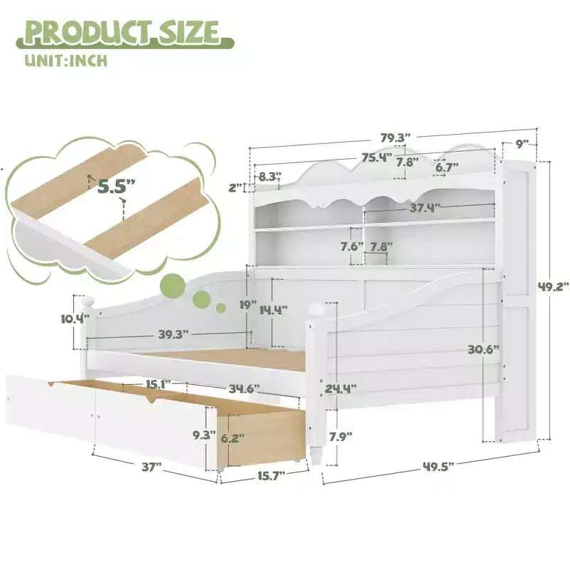 Divano Letto Singolo con Cassetti Contenitore e Mensole nella Testiera, Struttura Letto in Legno, Bianco