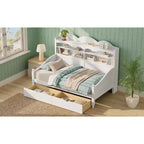 Divano Letto Singolo con Cassetti Contenitore e Mensole nella Testiera, Struttura Letto in Legno, Bianco