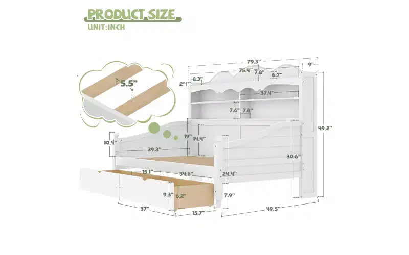Divano Letto Singolo con Cassetti Contenitore e Mensole nella Testiera, Struttura Letto in Legno, Bianco