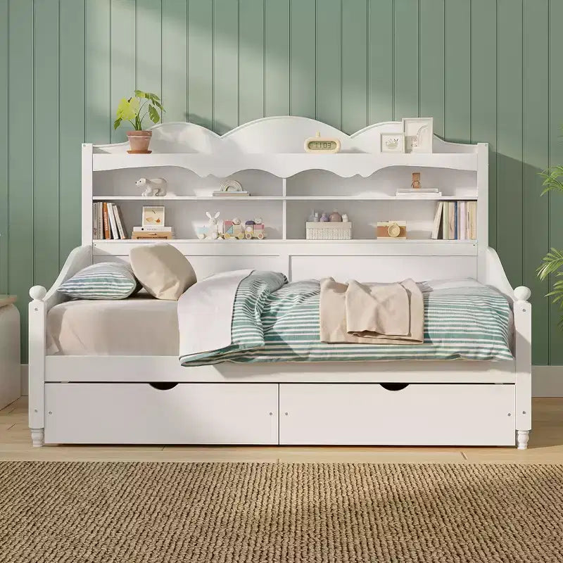 Divano Letto Singolo con Cassetti Contenitore e Mensole nella Testiera, Struttura Letto in Legno, Bianco