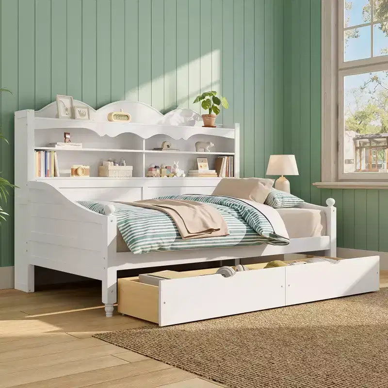 Divano Letto Singolo con Cassetti Contenitore e Mensole nella Testiera, Struttura Letto in Legno, Bianco