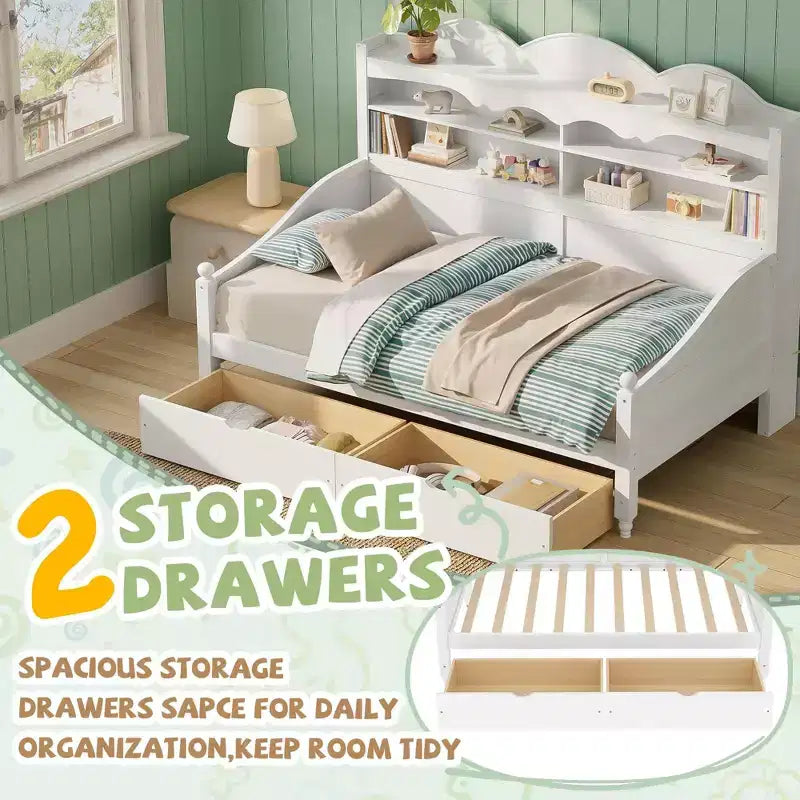 Divano Letto Singolo con Cassetti Contenitore e Mensole nella Testiera, Struttura Letto in Legno, Bianco