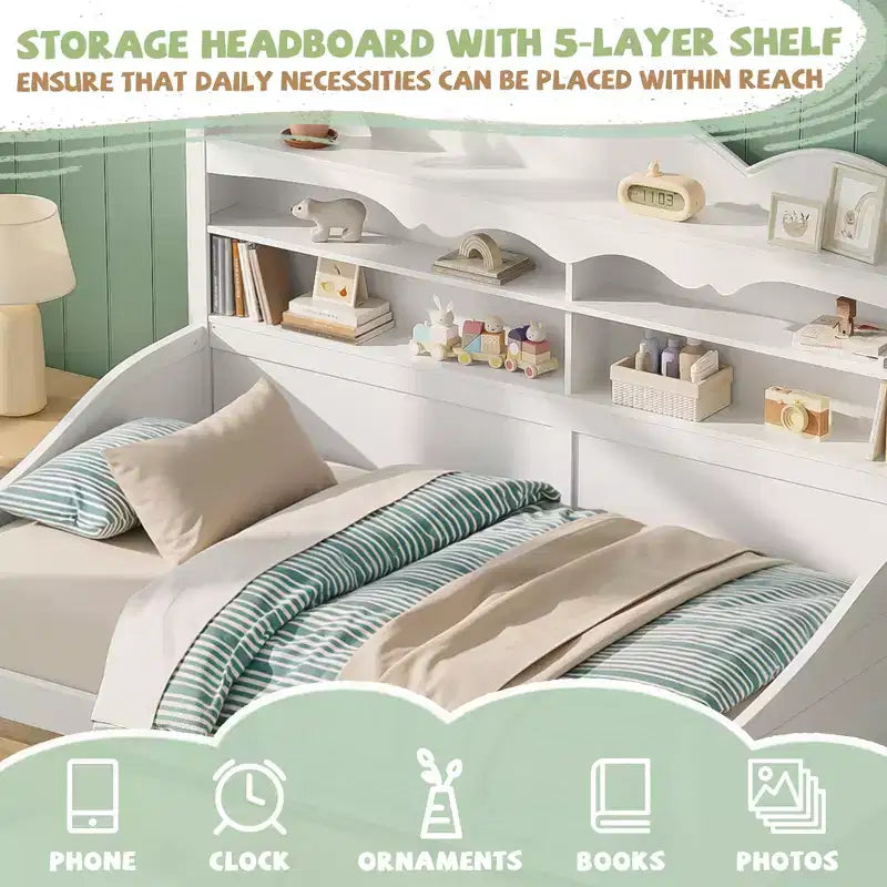Divano Letto Singolo con Cassetti Contenitore e Mensole nella Testiera, Struttura Letto in Legno, Bianco