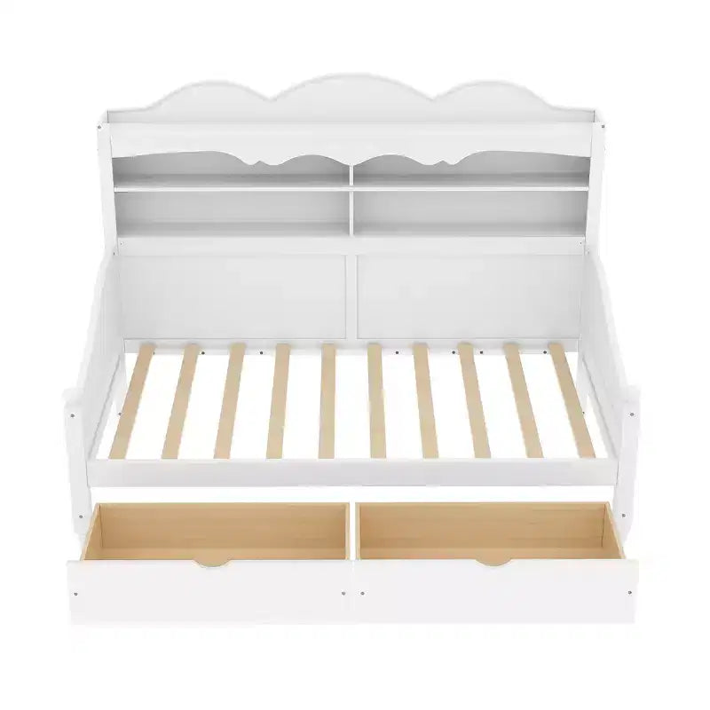 Divano Letto Singolo con Cassetti Contenitore e Mensole nella Testiera, Struttura Letto in Legno, Bianco