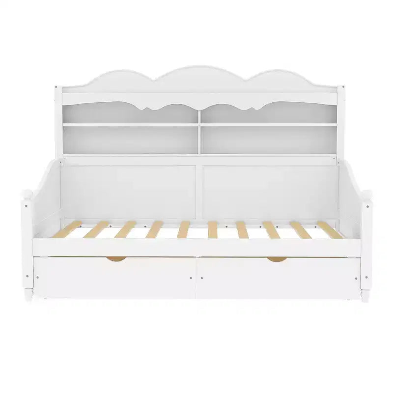 Divano Letto Singolo con Cassetti Contenitore e Mensole nella Testiera, Struttura Letto in Legno, Bianco