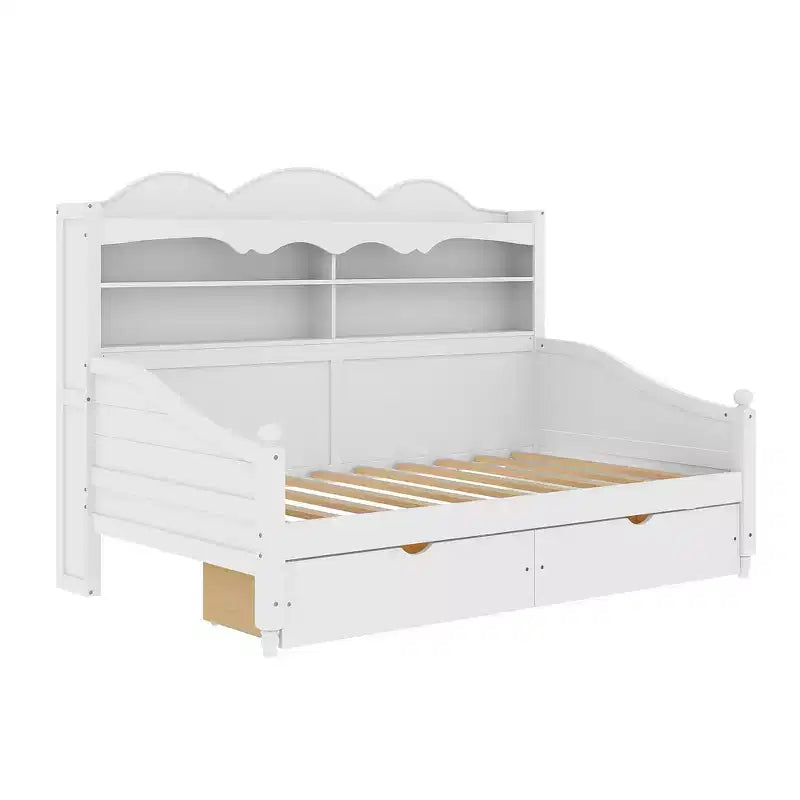 Divano Letto Singolo con Cassetti Contenitore e Mensole nella Testiera, Struttura Letto in Legno, Bianco