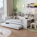 Wooden Twin Daybed with Storage Shelves, Twin Trundle and Study Desk, Antique White