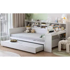 Divano Letto Singolo in Legno con Mensole Contenitore, Letto Estraibile e Scrivania, Bianco Antico