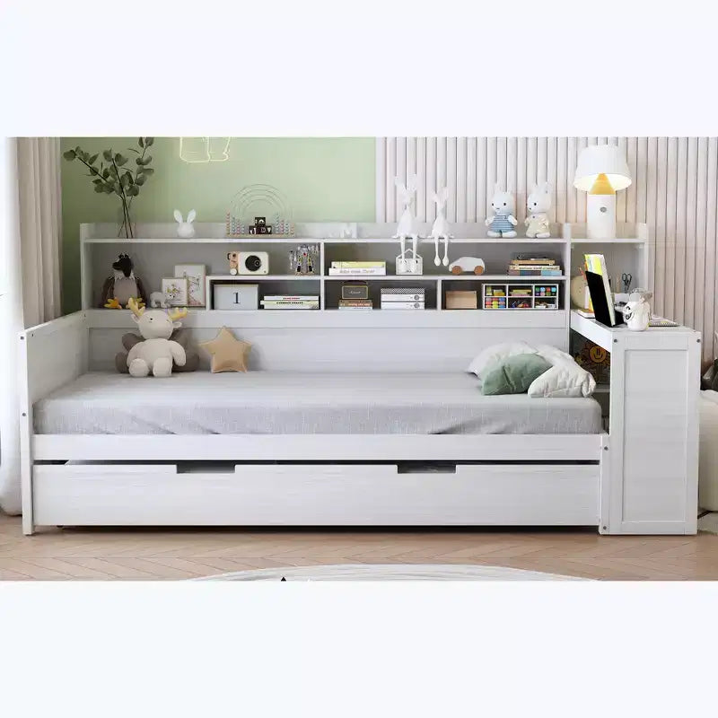 Divano Letto Singolo in Legno con Mensole Contenitore, Letto Estraibile e Scrivania, Bianco Antico