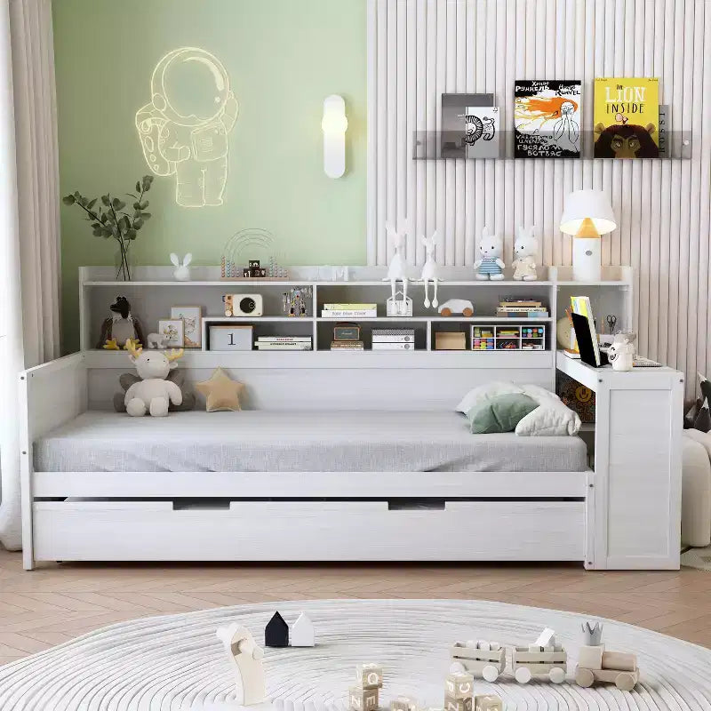 Divano Letto Singolo in Legno con Mensole Contenitore, Letto Estraibile e Scrivania, Bianco Antico