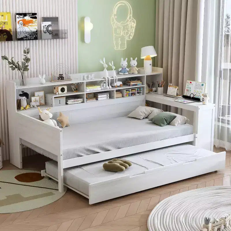 Divano Letto Singolo in Legno con Mensole Contenitore, Letto Estraibile e Scrivania, Bianco Antico