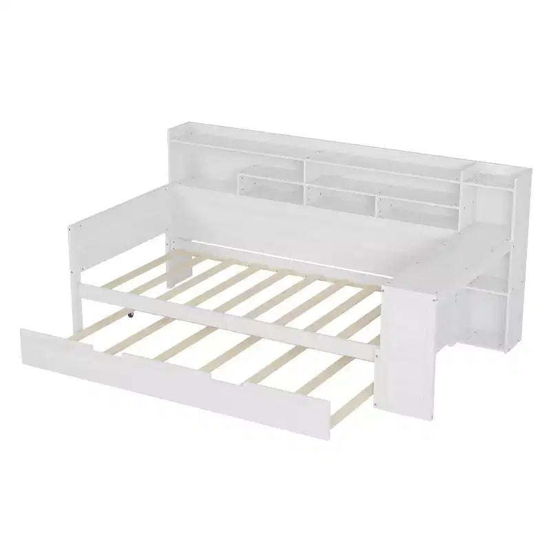 Divano Letto Singolo in Legno con Mensole Contenitore, Letto Estraibile e Scrivania, Bianco Antico