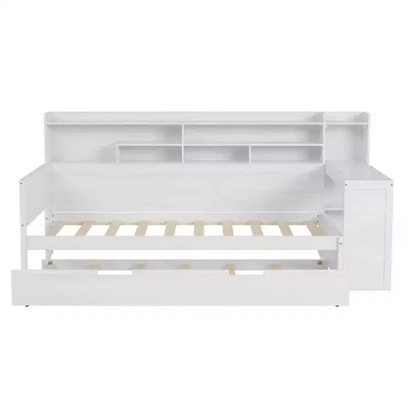 Divano Letto Singolo in Legno con Mensole Contenitore, Letto Estraibile e Scrivania, Bianco Antico