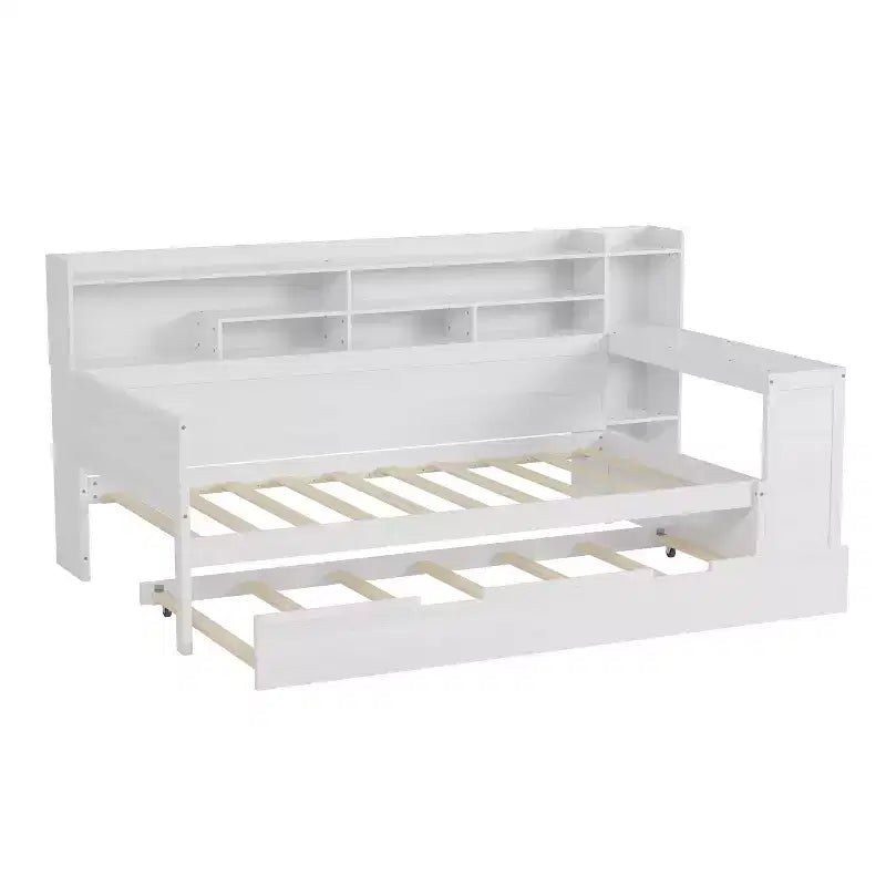 Divano Letto Singolo in Legno con Mensole Contenitore, Letto Estraibile e Scrivania, Bianco Antico