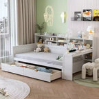 Wooden Twin Size Daybed with Storage Shelves, Multi-functional Bed with Two Storage Drawers and Study Desk, Antique White