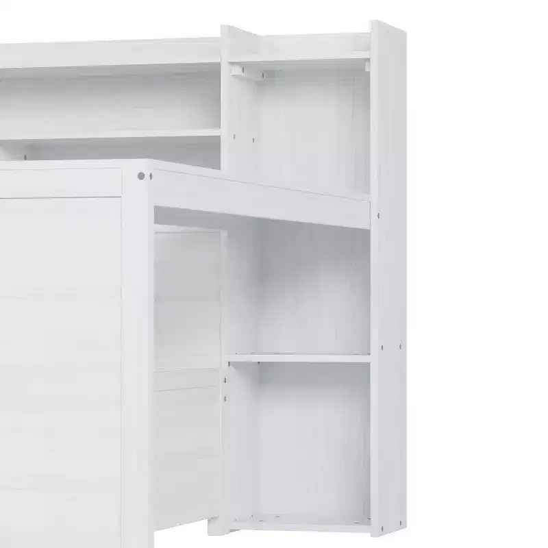 Divano Letto Singolo in Legno con Mensole, Letto Multifunzionale con Due Cassetti Contenitore e Scrivania, Bianco Antico
