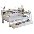 Divano Letto Singolo in Legno con Mensole, Letto Multifunzionale con Due Cassetti Contenitore e Scrivania, Bianco Antico