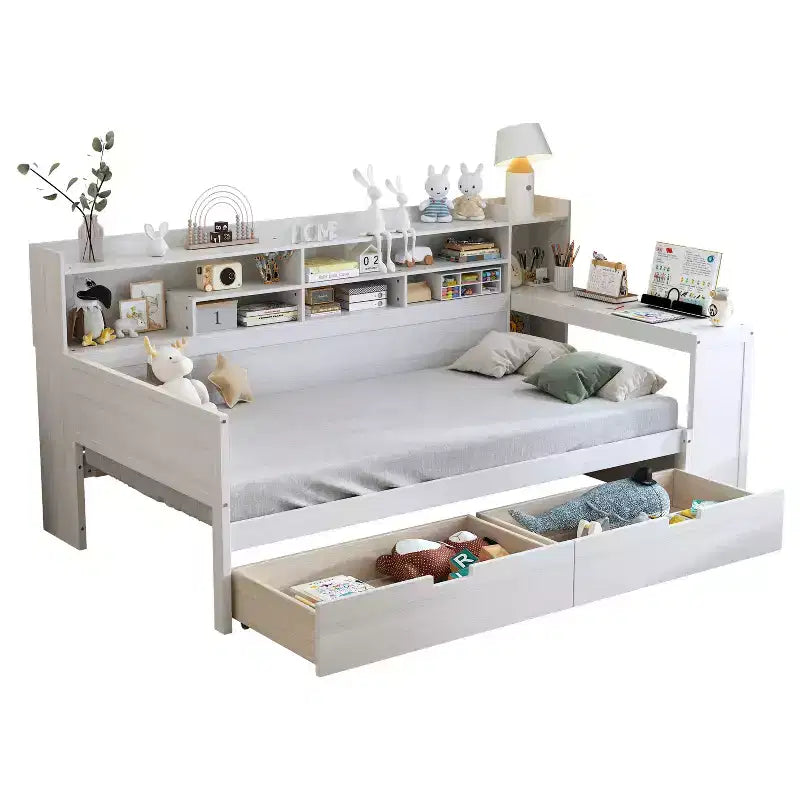 Divano Letto Singolo in Legno con Mensole, Letto Multifunzionale con Due Cassetti Contenitore e Scrivania, Bianco Antico