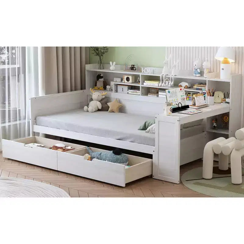 Divano Letto Singolo in Legno con Mensole, Letto Multifunzionale con Due Cassetti Contenitore e Scrivania, Bianco Antico