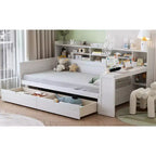 Divano Letto Singolo in Legno con Mensole, Letto Multifunzionale con Due Cassetti Contenitore e Scrivania, Bianco Antico