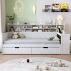 Divano Letto Singolo in Legno con Mensole, Letto Multifunzionale con Due Cassetti Contenitore e Scrivania, Bianco Antico