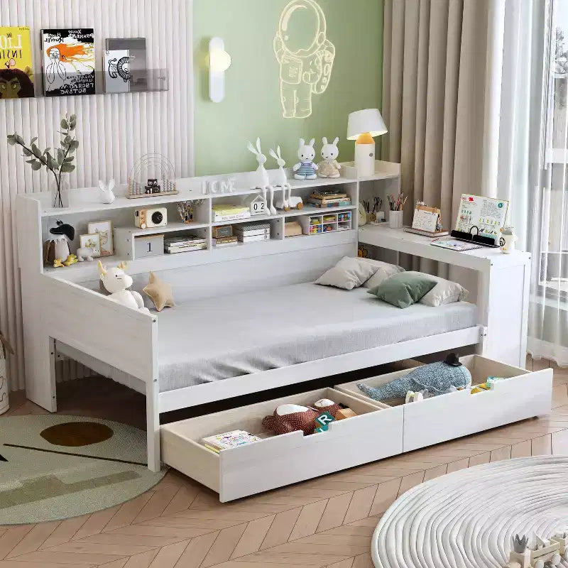 Divano Letto Singolo in Legno con Mensole, Letto Multifunzionale con Due Cassetti Contenitore e Scrivania, Bianco Antico