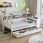 Divano Letto Singolo in Legno con Mensole, Letto Multifunzionale con Due Cassetti Contenitore e Scrivania, Bianco Antico
