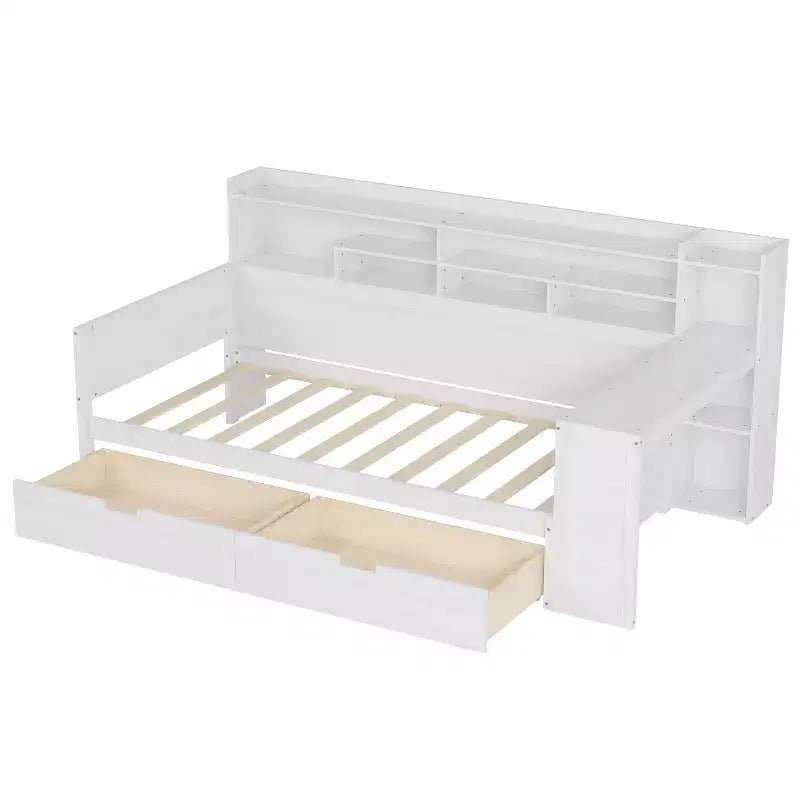 Divano Letto Singolo in Legno con Mensole, Letto Multifunzionale con Due Cassetti Contenitore e Scrivania, Bianco Antico