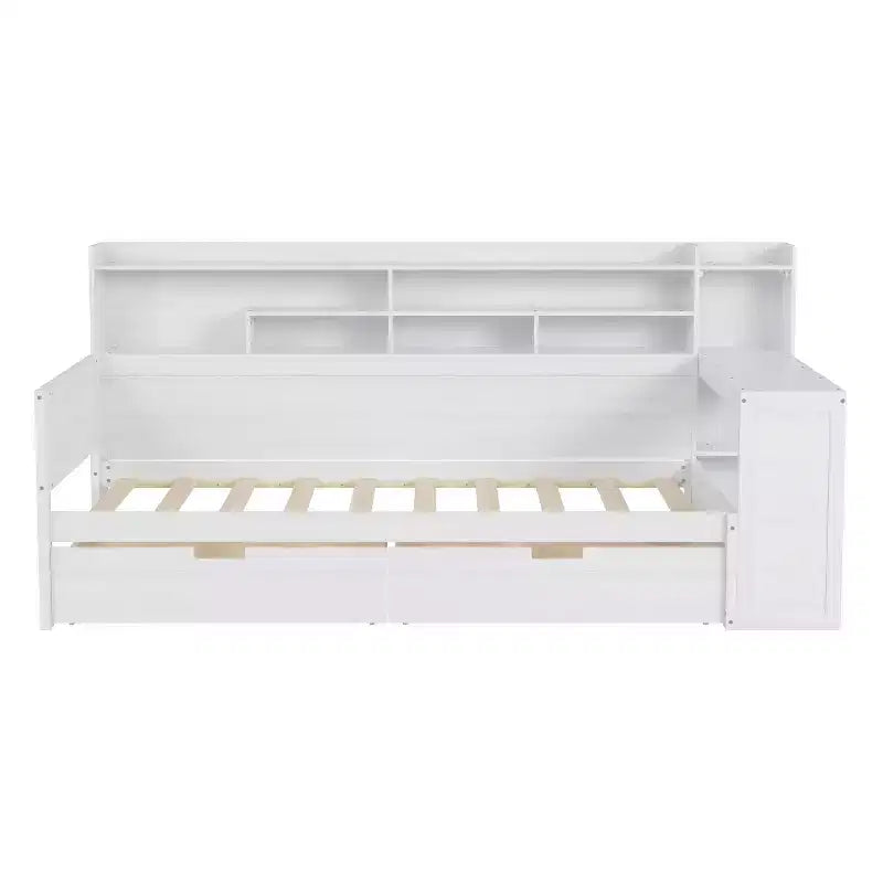 Divano Letto Singolo in Legno con Mensole, Letto Multifunzionale con Due Cassetti Contenitore e Scrivania, Bianco Antico