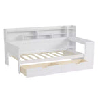 Divano Letto Singolo in Legno con Mensole, Letto Multifunzionale con Due Cassetti Contenitore e Scrivania, Bianco Antico