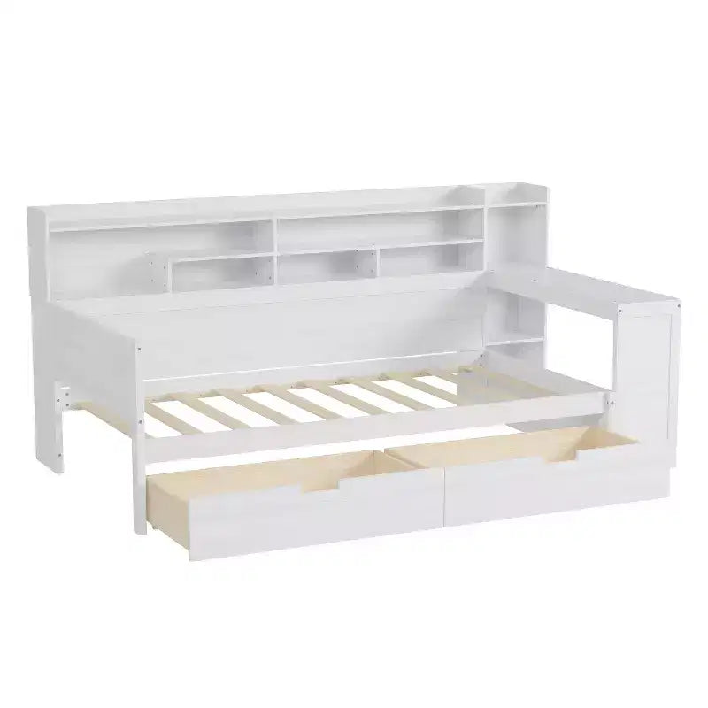 Divano Letto Singolo in Legno con Mensole, Letto Multifunzionale con Due Cassetti Contenitore e Scrivania, Bianco Antico