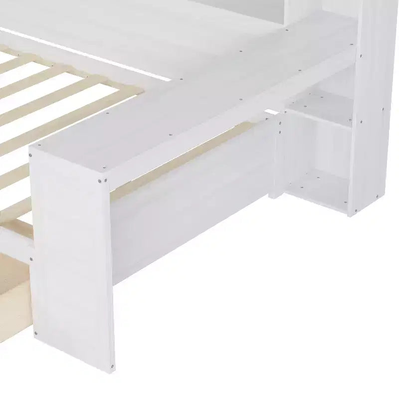 Divano Letto Singolo in Legno con Mensole, Letto Multifunzionale con Due Cassetti Contenitore e Scrivania, Bianco Antico