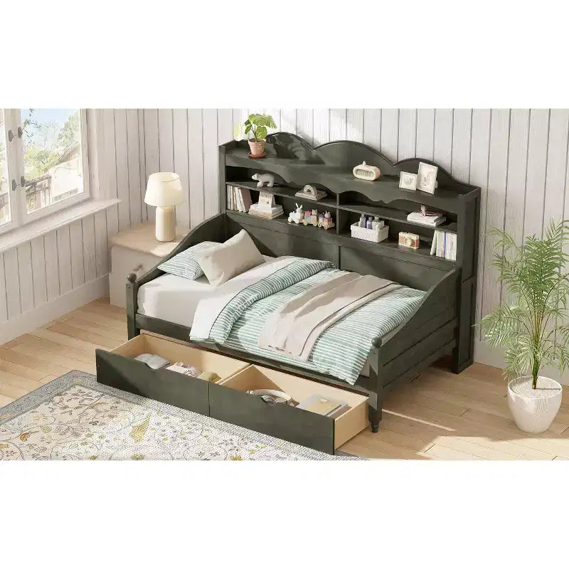 Lettino da Giorno Matrimoniale con Cassetti Contenitori e Mensole nella Testiera, Struttura del Letto in Legno, Grigio Antico