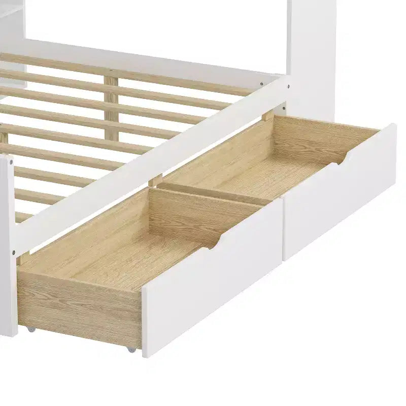 Lettino a L in Legno con 7 Armadietti, 2 Cassetti, Scrivania e Libreria, Bianco