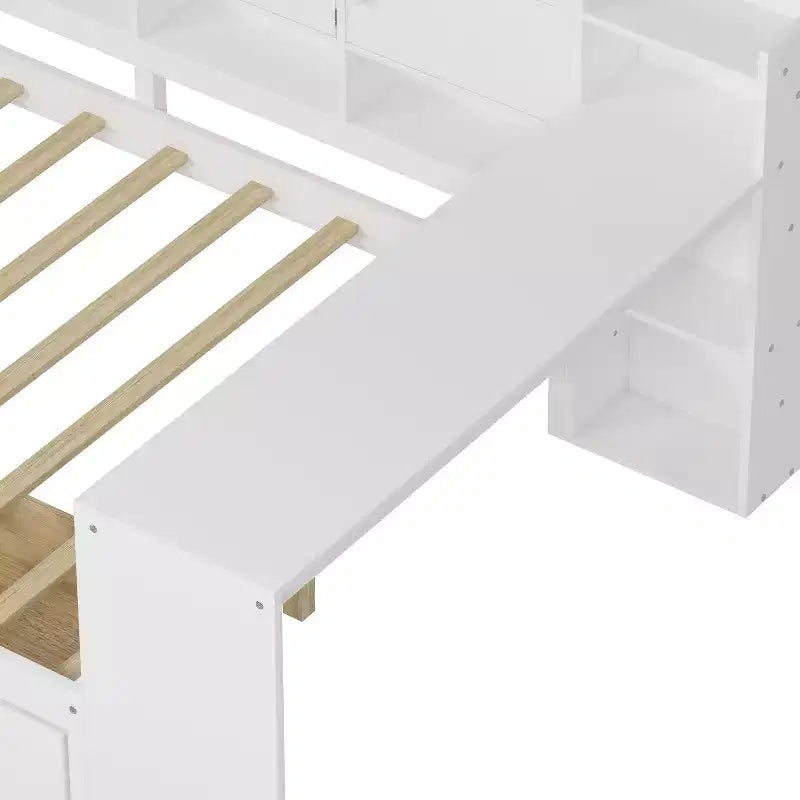 Lettino a L in Legno con 7 Armadietti, 2 Cassetti, Scrivania e Libreria, Bianco