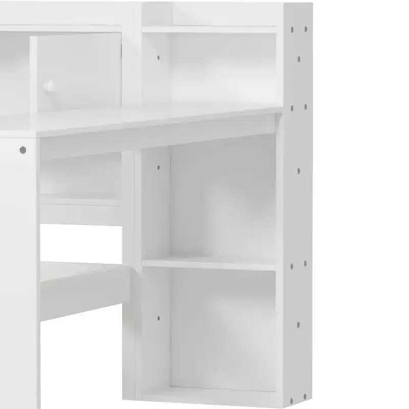 Lettino a L in Legno con 7 Armadietti, 2 Cassetti, Scrivania e Libreria, Bianco