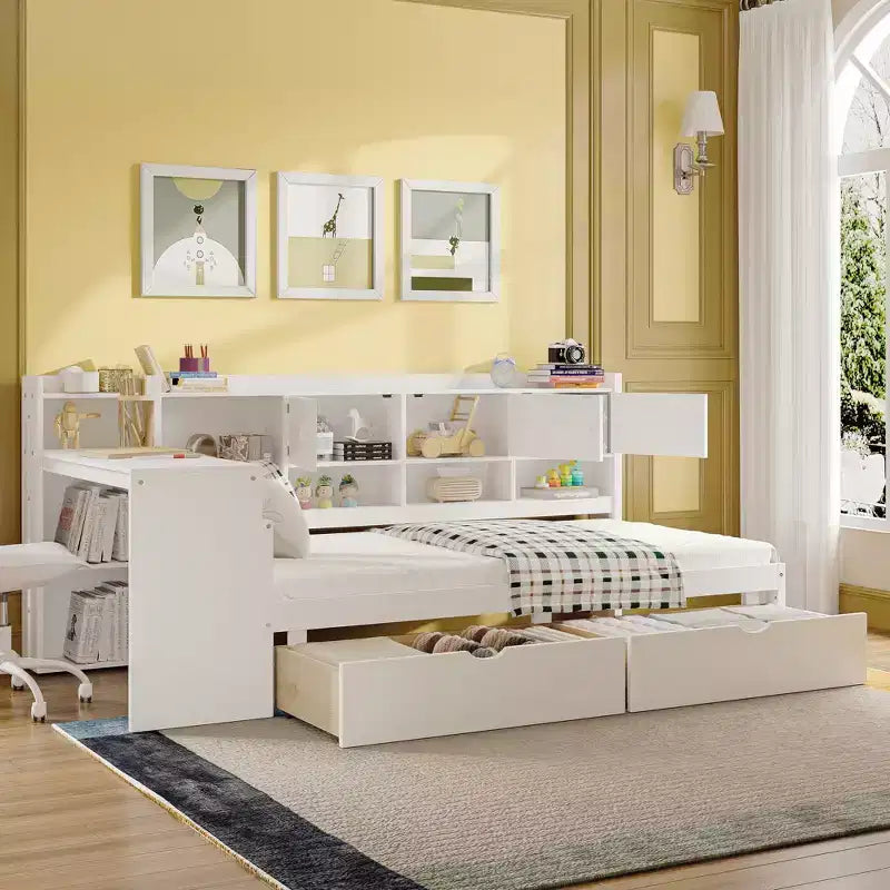 Lettino a L in Legno con 7 Armadietti, 2 Cassetti, Scrivania e Libreria, Bianco