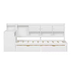 Lettino a L in Legno con 7 Armadietti, 2 Cassetti, Scrivania e Libreria, Bianco