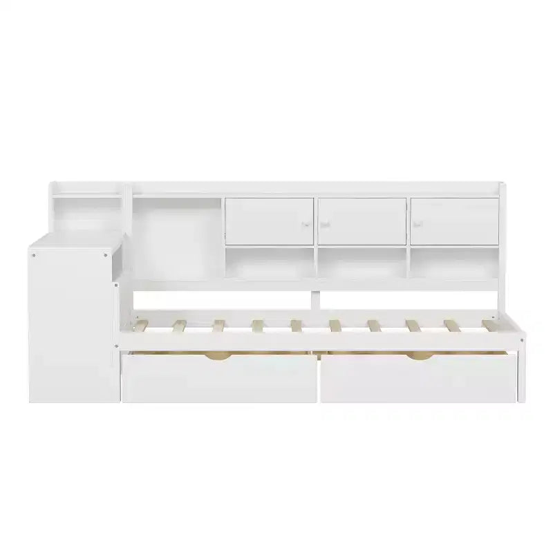Lettino a L in Legno con 7 Armadietti, 2 Cassetti, Scrivania e Libreria, Bianco