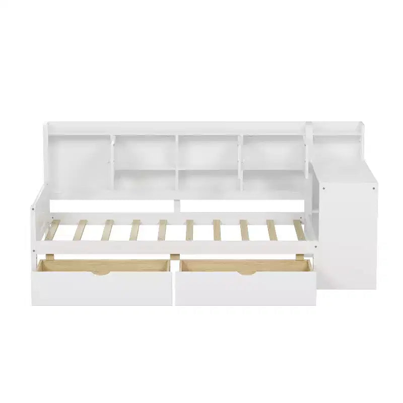 Lettino a L in Legno con 7 Armadietti, 2 Cassetti, Scrivania e Libreria, Bianco