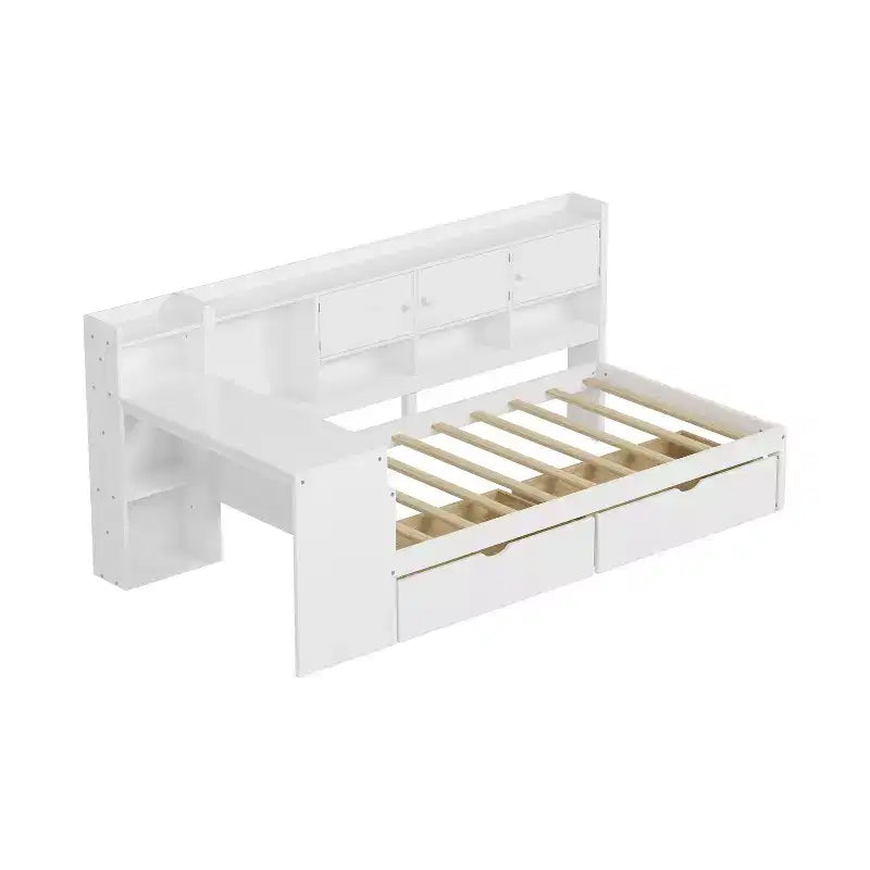 Lettino a L in Legno con 7 Armadietti, 2 Cassetti, Scrivania e Libreria, Bianco