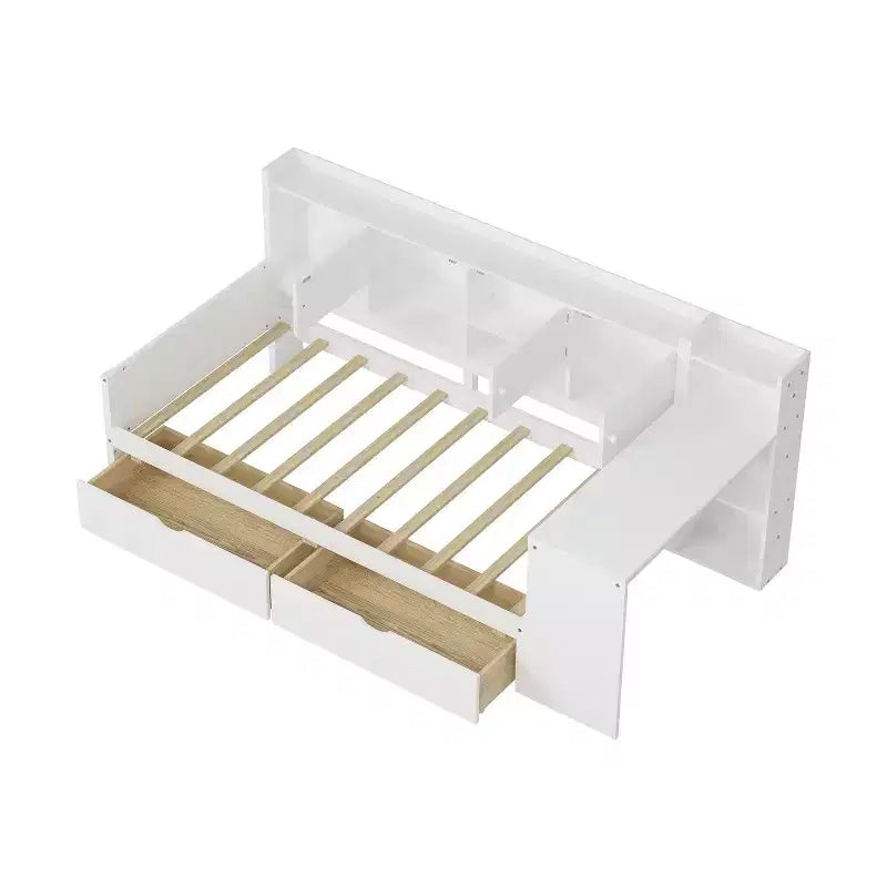 Lettino a L in Legno con 7 Armadietti, 2 Cassetti, Scrivania e Libreria, Bianco