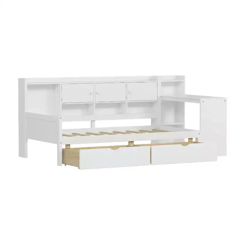 Lettino a L in Legno con 7 Armadietti, 2 Cassetti, Scrivania e Libreria, Bianco
