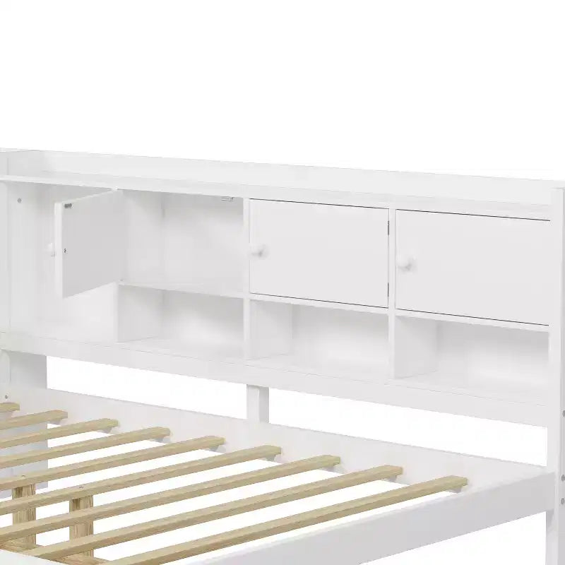 Lettino a L in Legno con 7 Armadietti, 2 Cassetti, Scrivania e Libreria, Bianco