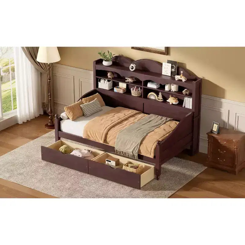 Divano Letto Singolo con Cassetti Contenitore e Mensole nella Testiera, Struttura in Legno, Espresso
